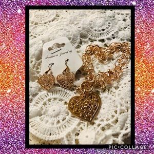Gold colored Heart-shaped necklace & earring set